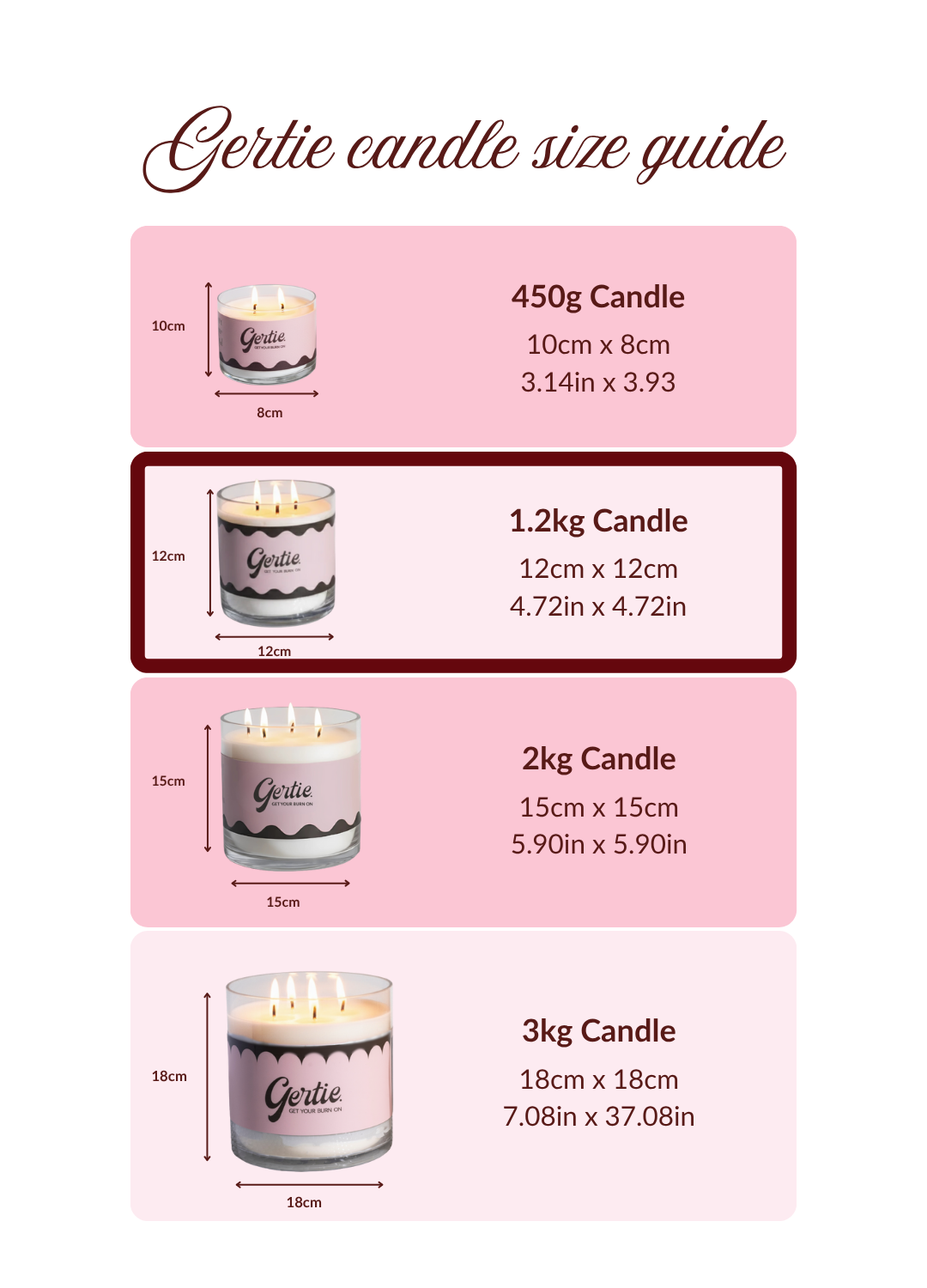 Gertie candle size guide with dimensions on a pink background
