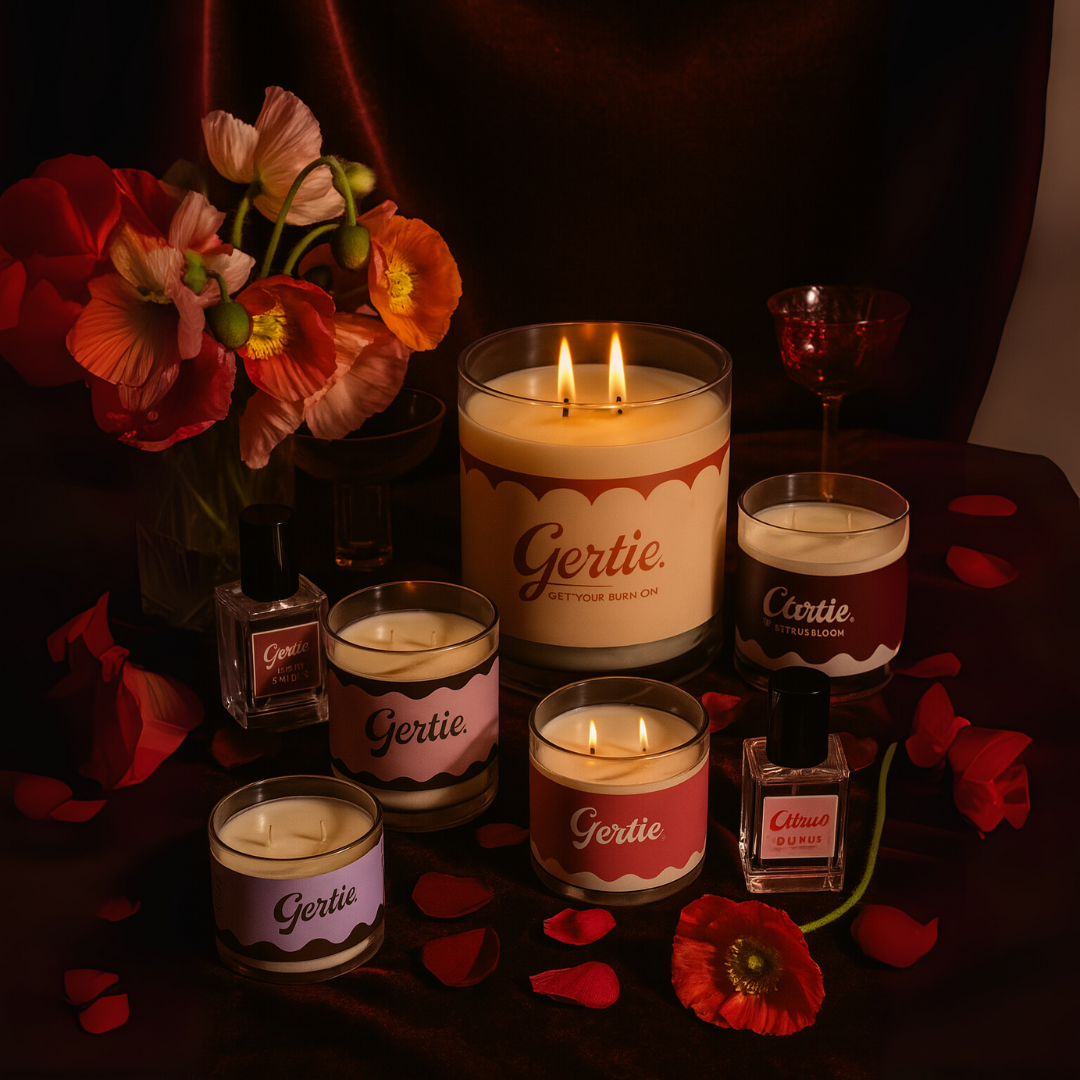 Gertie Candles Collection in a dim room