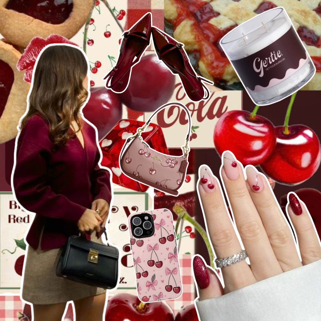 Gertie Mood Board Cherry Vanilla Candle Collage of fashion items including shoes, phone case, handbag, and nail polish on a red background.