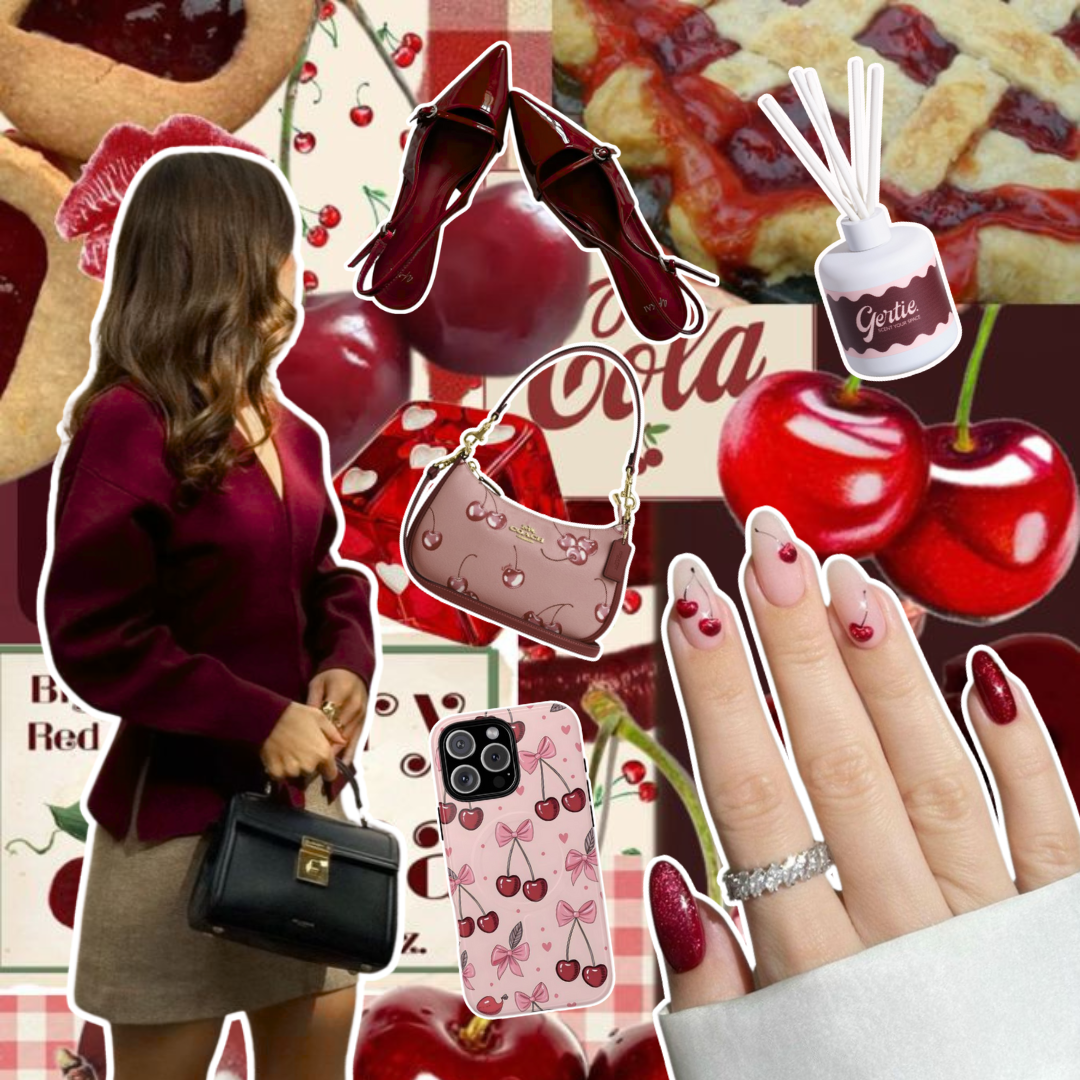 Gertie Mood Board Cherry Vanilla Diffusers Collage of fashion items including shoes, phone case, handbag, and nail polish on a red background.