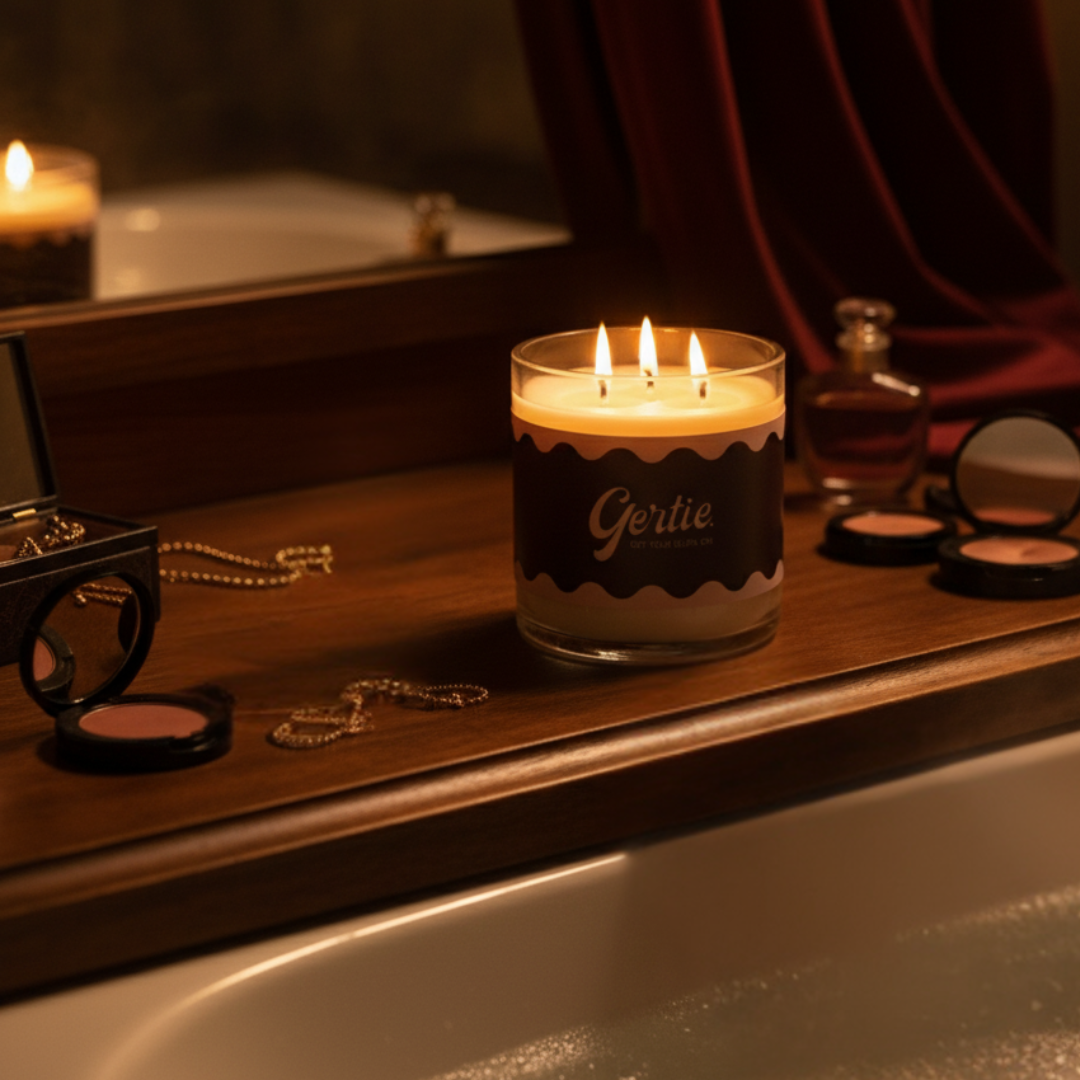 Candle labeled 'Gertie' on a wooden surface with decorative items.