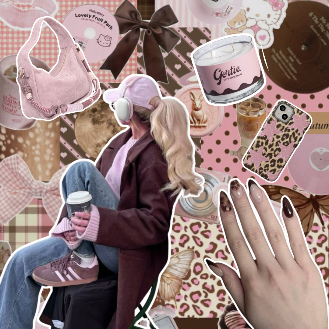 Gertie Mood Board Cloud CreamCandle Collage of fashion items including shoes, phone case, handbag, and nail polish on a cream background.