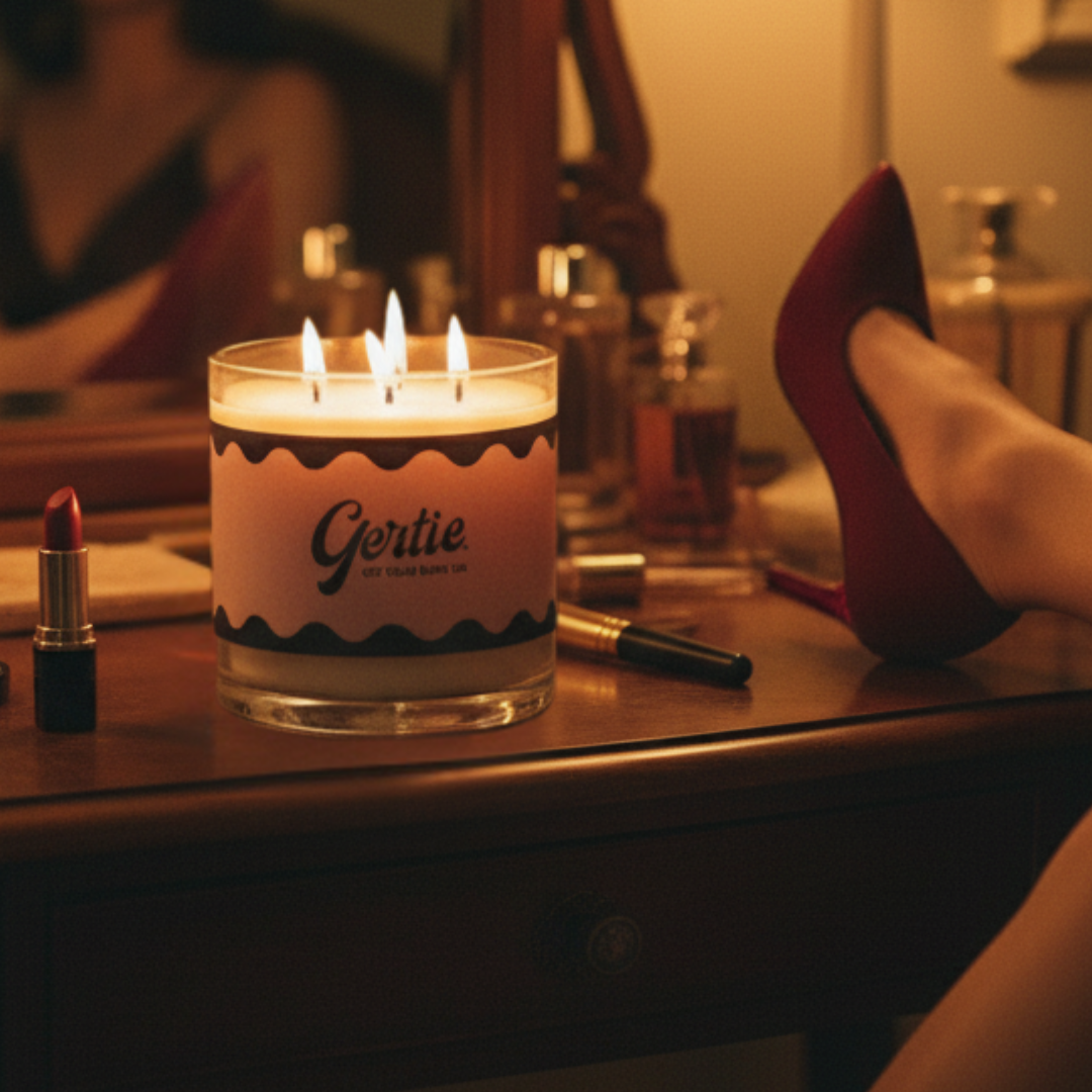 Candle with 'Gertie' label on a table with makeup items