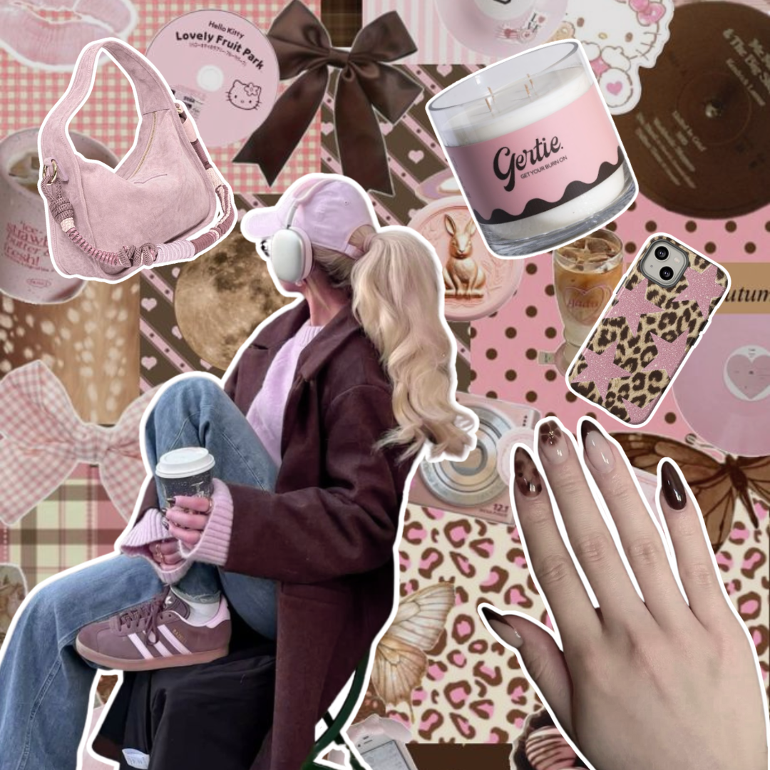 Gertie Cloud Cream mood board with pink and brown aesthetic, featuring the Gertie candle, girly fashion, accessories, coffee, and leopard print.