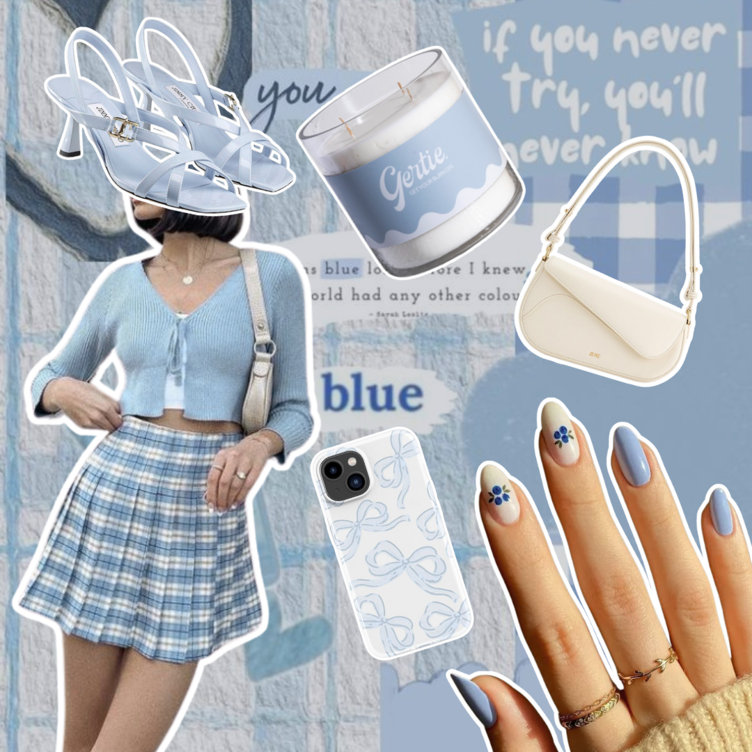 Gertie Mood Board Dewdrop Kiss Candle Collage of fashion items including shoes, phone case, handbag, and nail polish on a blue background.