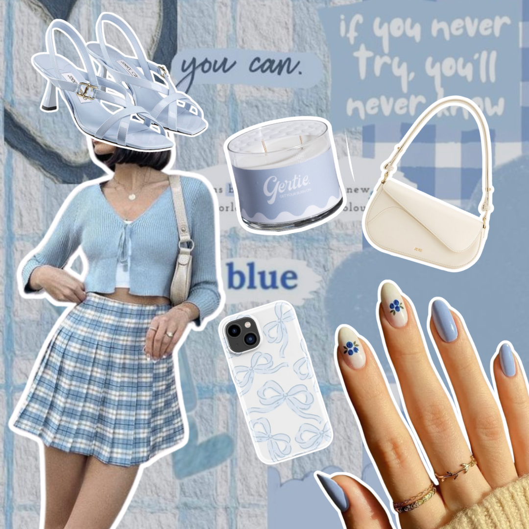 Gertie Mood Board Dewdrop Kiss Candle Collage of fashion items including shoes, phone case, handbag, and nail polish on a blue background.
