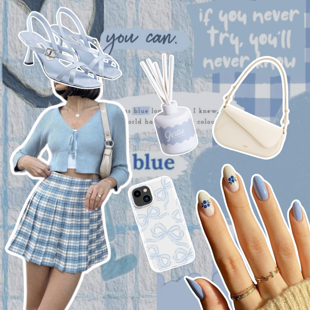 Gertie Mood Board Dewdrop Kiss Diffusers Collage of fashion items including shoes, phone case, handbag, and nail polish on a blue background.