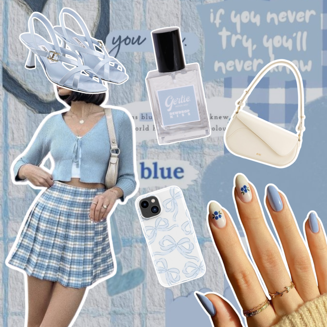 Gertie Mood Board Dewdrop Kiss Collage of fashion items including shoes, phone case, handbag, and nail polish on a blue background.