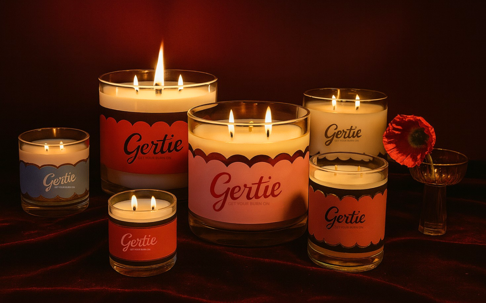 Gertie Candles in a dim room with a flower