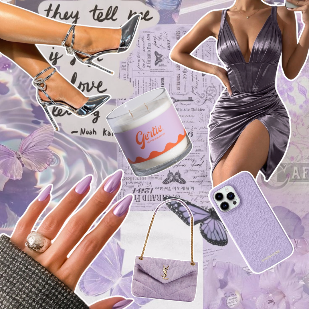 Gertie Mood Board Juicyfruit Candle Collage of fashion items including shoes, phone case, handbag, and nail polish on a purple background.