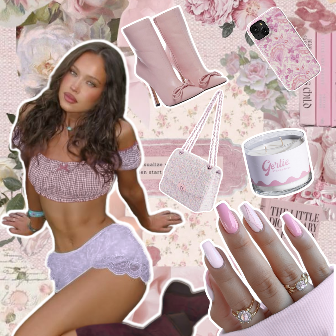 Gertie Mood Board Jungle Nectar Candle Collage of fashion items including shoes, phone case, handbag, and nail polish on a pink background.