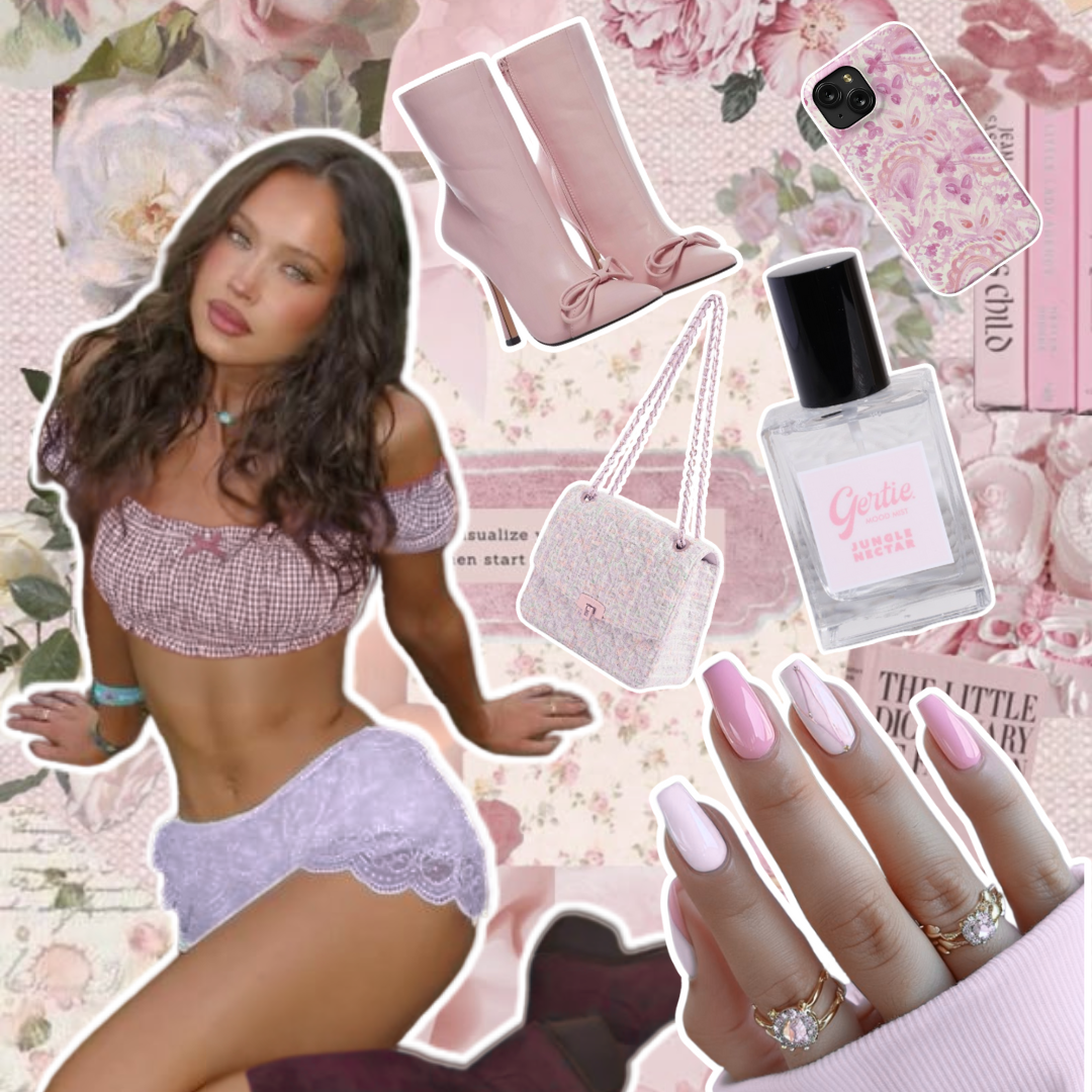 Gertie Mood Board Jungle Nectar Collage of fashion items including shoes, phone case, handbag, and nail polish on a pink background.