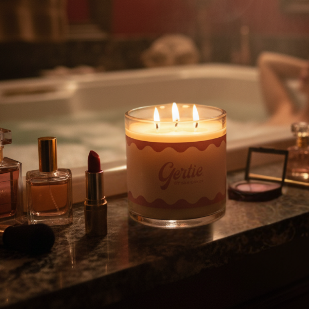 Lit candle with 'Gerlie' branding on a vanity table with makeup items.