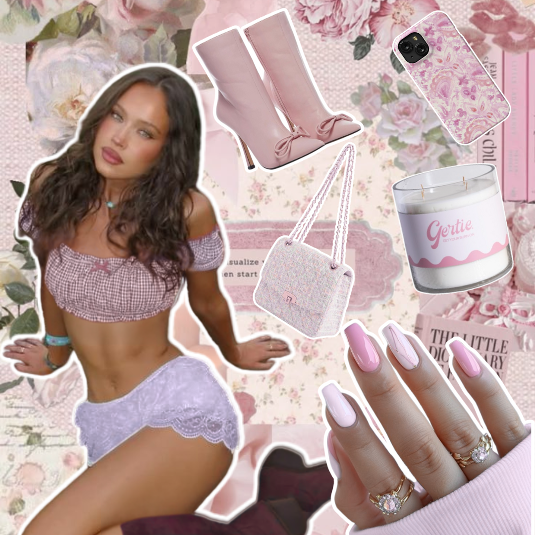Gertie Mood Board Jungle Nectar Candle Collage of fashion items including shoes, phone case, handbag, and nail polish on a cream background.