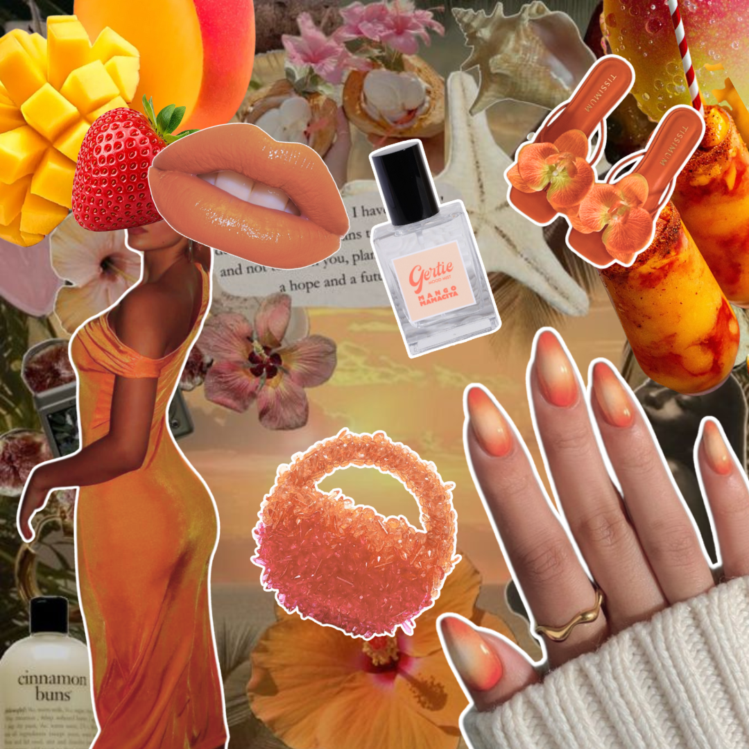 Gertie Mood Board Mango Mamacita Collage of fashion items including shoes, phone case, handbag, and nail polish on a yellow background.