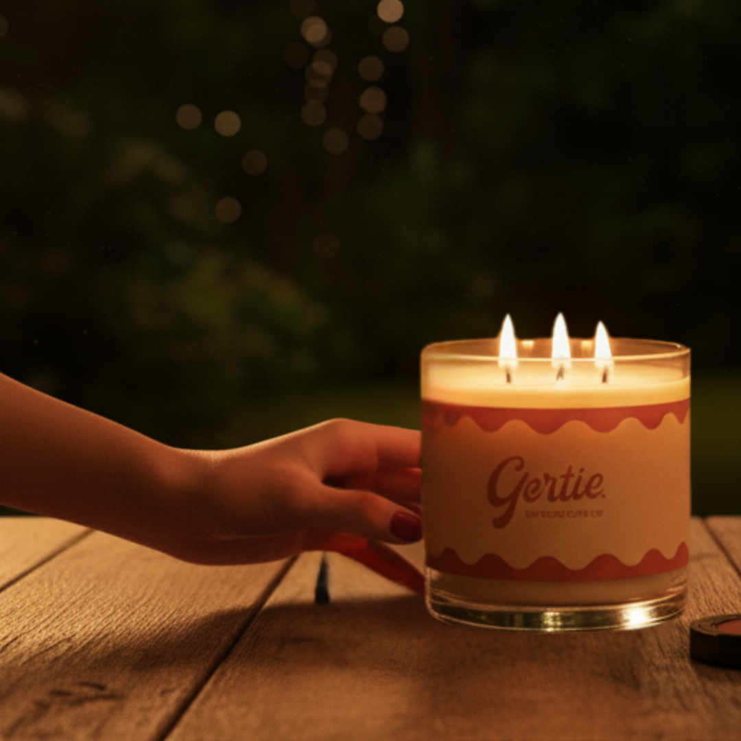 Hand holding a lit candle labeled 'Gertie' on a wooden surface with a blurred background