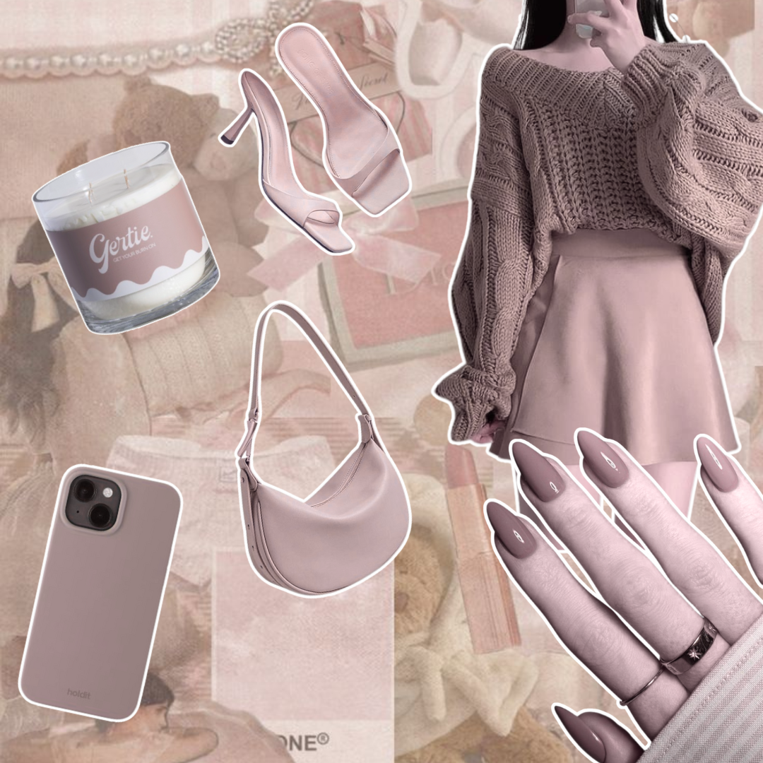 Gertie Mood Board Milk and Honey Candle Collage of fashion items including shoes, phone case, handbag, and nail polish on a cream background.