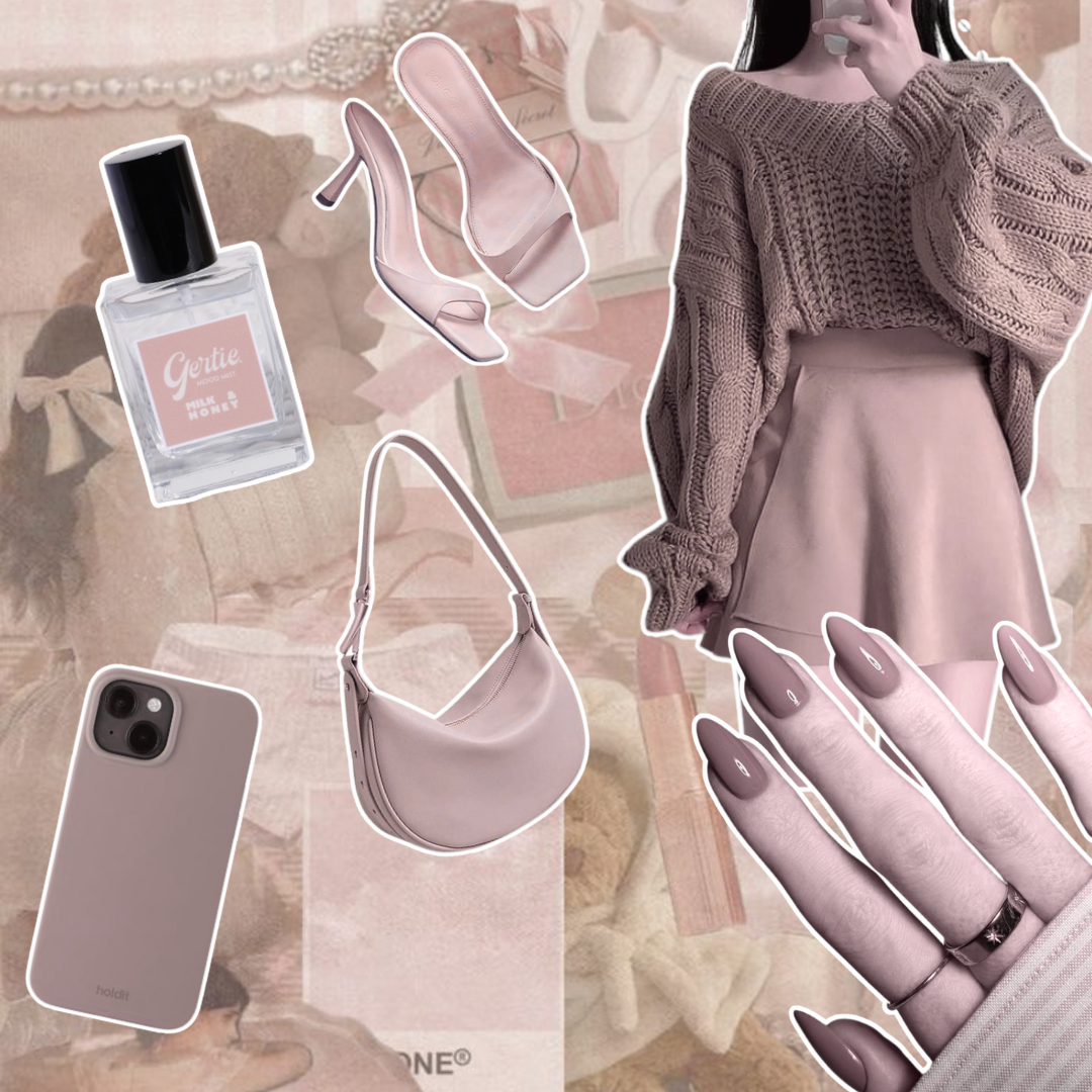 Gertie Mood Board Milk and Honey Collage of fashion items including shoes, phone case, handbag, and nail polish on a blue background.