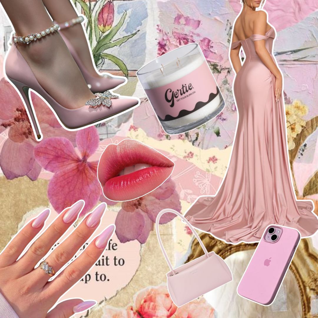 Gertie Mood Board Palma Rosa Candle Collage of fashion items including shoes, phone case, handbag, and nail polish on a pink background.