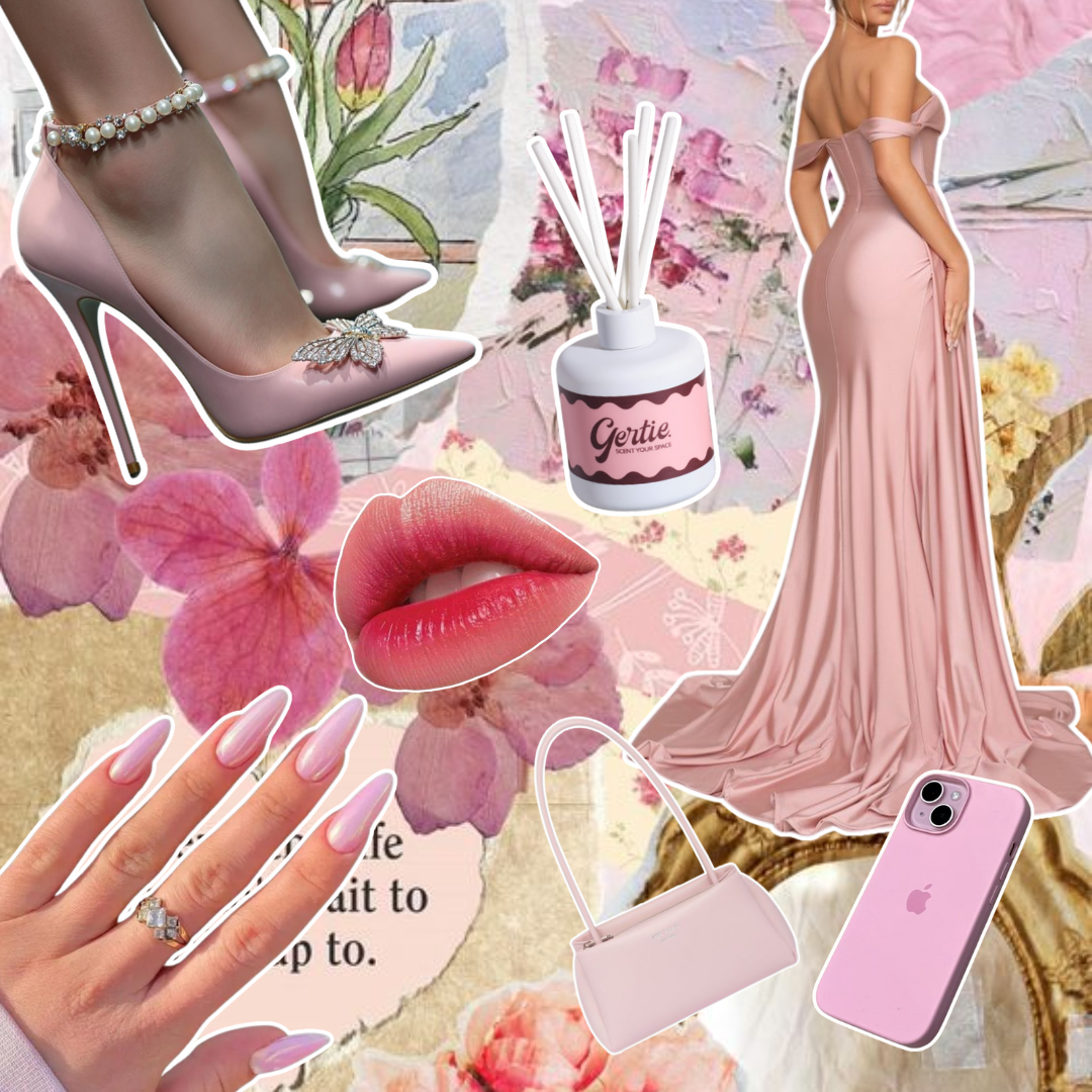 Gertie Mood Board Palma Rosa Diffusers Collage of fashion items including shoes, phone case, handbag, and nail polish on a pink background.