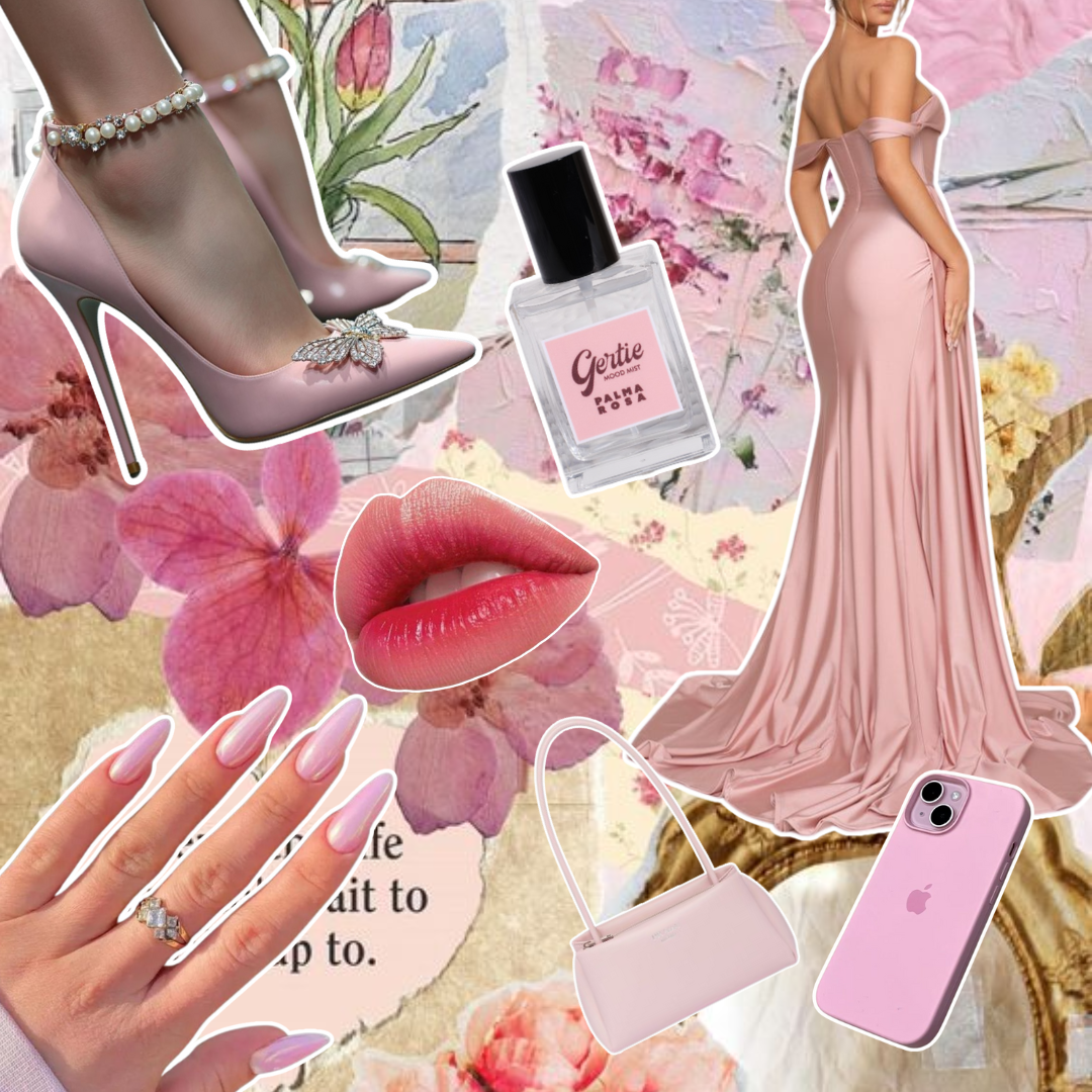 Gertie Mood Board Palma Rosa Collage of fashion items including shoes, phone case, handbag, and nail polish on a pink background.