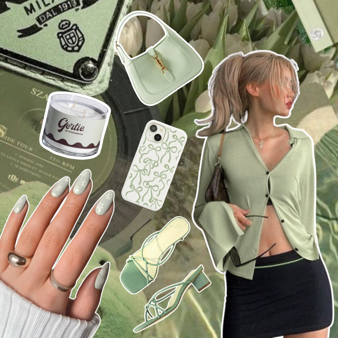 Gertie Mood Board Pistachio Crush Candle Collage of fashion items including shoes, phone case, handbag, and nail polish on a green background.