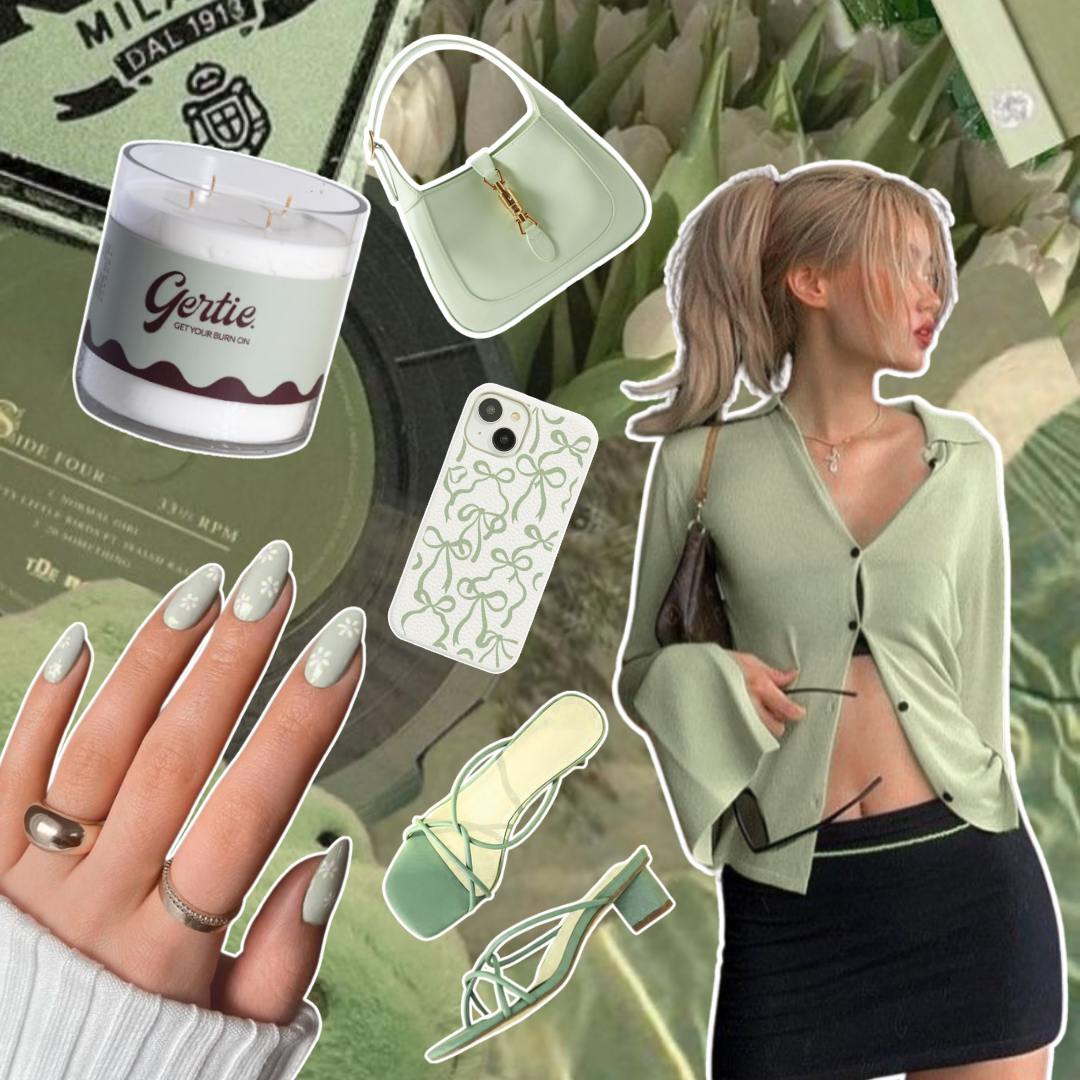 Gertie Mood Board Pistachio Crush Candle Collage of fashion items including shoes, phone case, handbag, and nail polish on a green background.