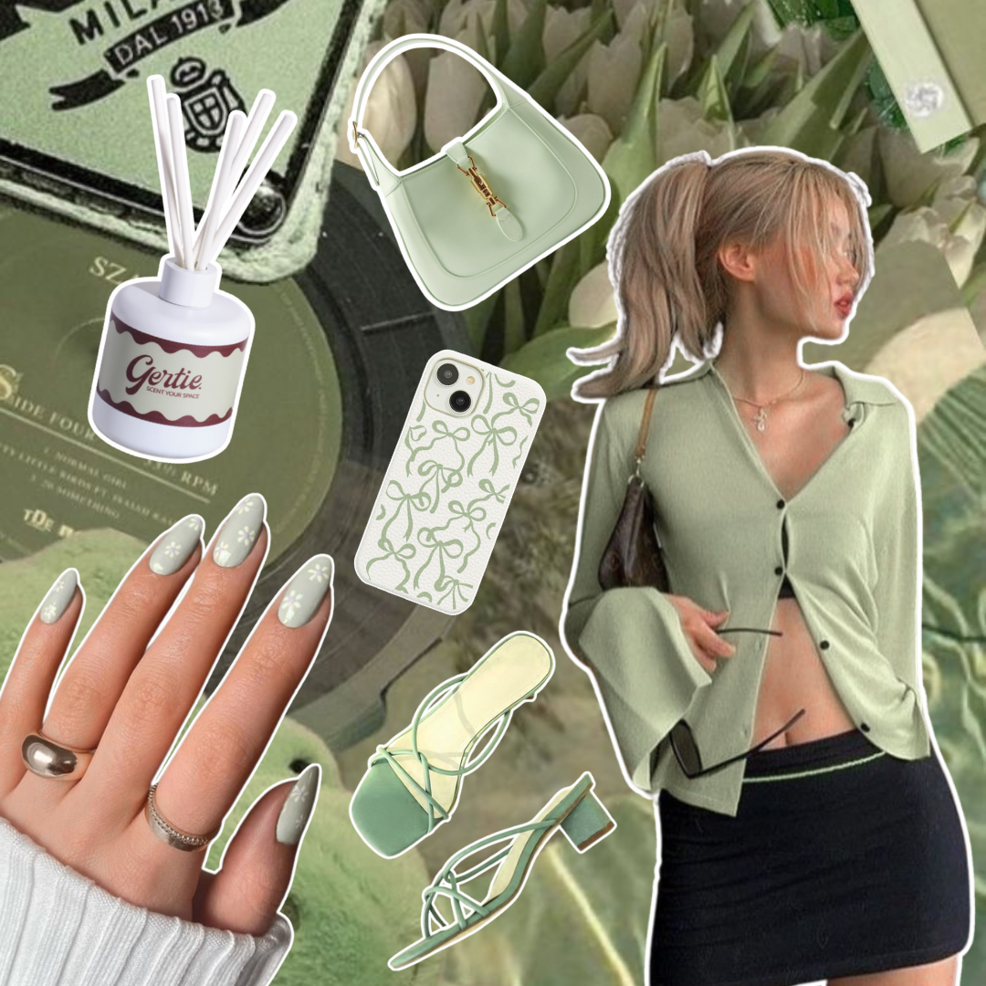 Gertie Mood Board Pistachio Crush Diffusers Collage of fashion items including shoes, phone case, handbag, and nail polish on a green background.