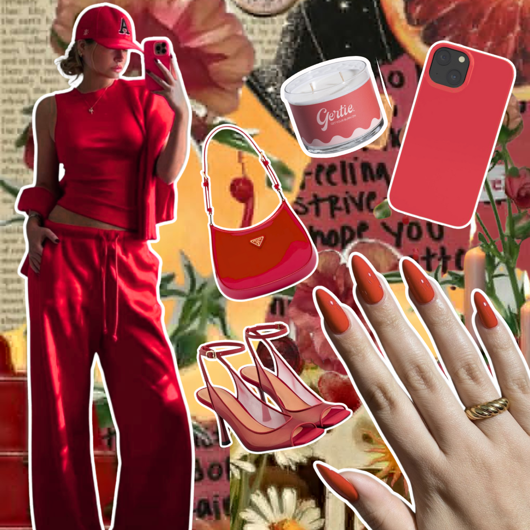 Gertie Mood Board Pomelo Citrus Candle Collage of fashion items including shoes, phone case, handbag, and nail polish on a red background.
