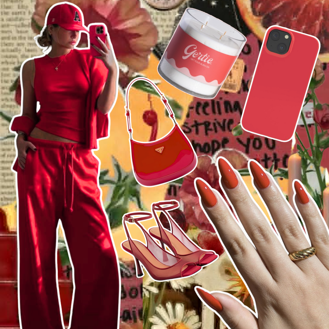 Gertie Mood Board Pomelo citrus Candle Collage of fashion items including shoes, phone case, handbag, and nail polish on a red background.
