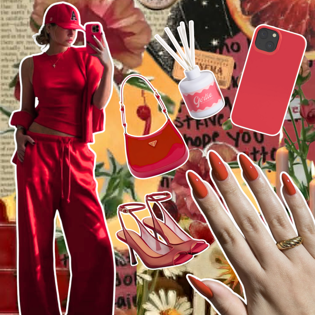 Gertie Mood Board Pomelo Citrus Diffusers Collage of fashion items including shoes, phone case, handbag, and nail polish on a red background.