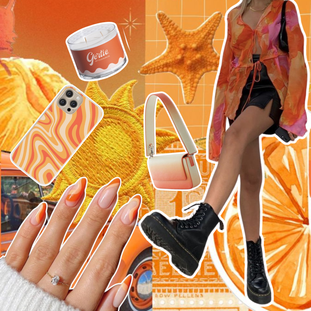 Gertie Mood Board SundazedHaze Candle Collage of fashion items including shoes, phone case, handbag, and nail polish on a orange background.