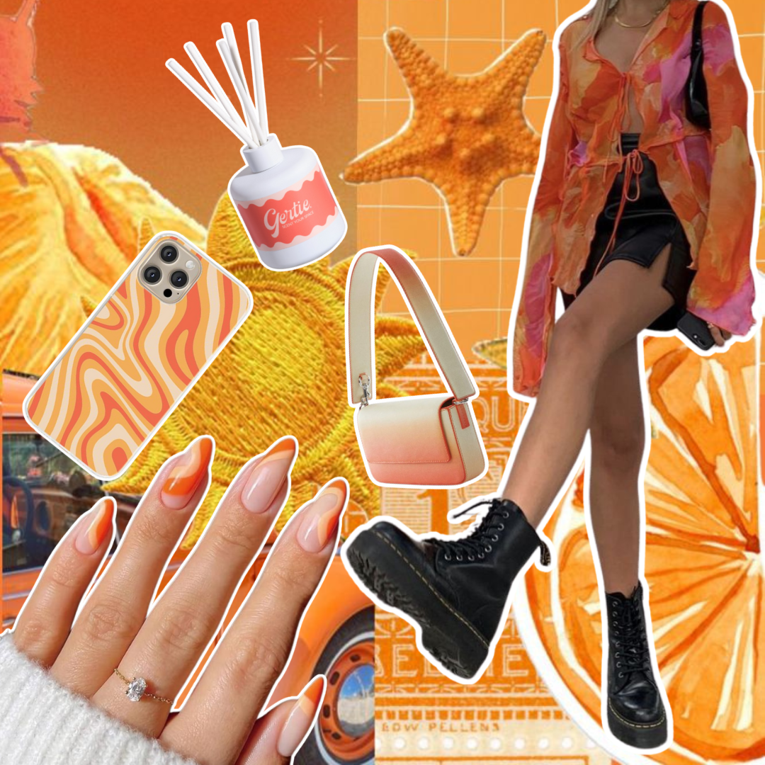Gertie Mood Board Sundazed Haze Diffusers Collage of fashion items including shoes, phone case, handbag, and nail polish on a yellow background.