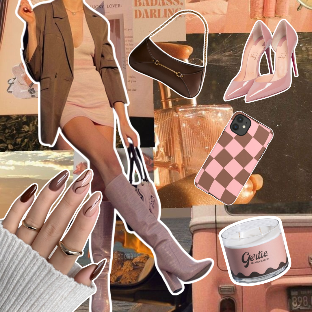 Gertie Mood Board SunnyPeachCandle Collage of fashion items including shoes, phone case, handbag, and nail polish on a beige background.
