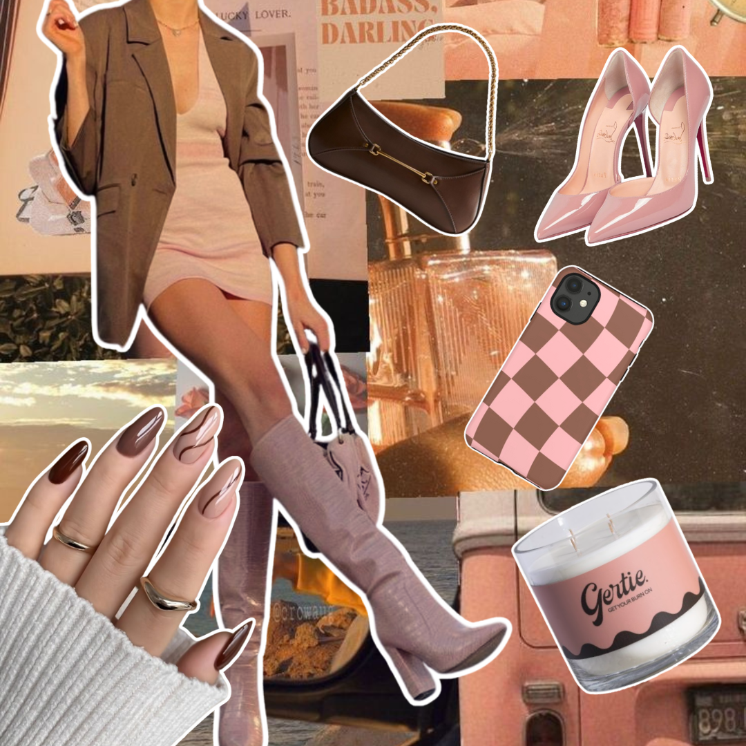 Gertie Mood Board Sunny peach Candle Collage of fashion items including shoes, phone case, handbag, and nail polish on a peach background.