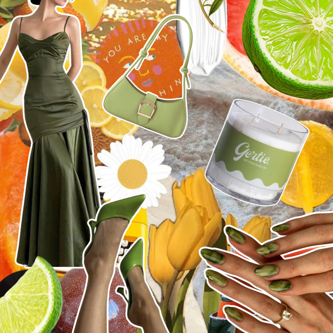 Gertie Mood Board Sweet Lime Candle Collage of fashion items including shoes, phone case, handbag, and nail polish on a green background.
