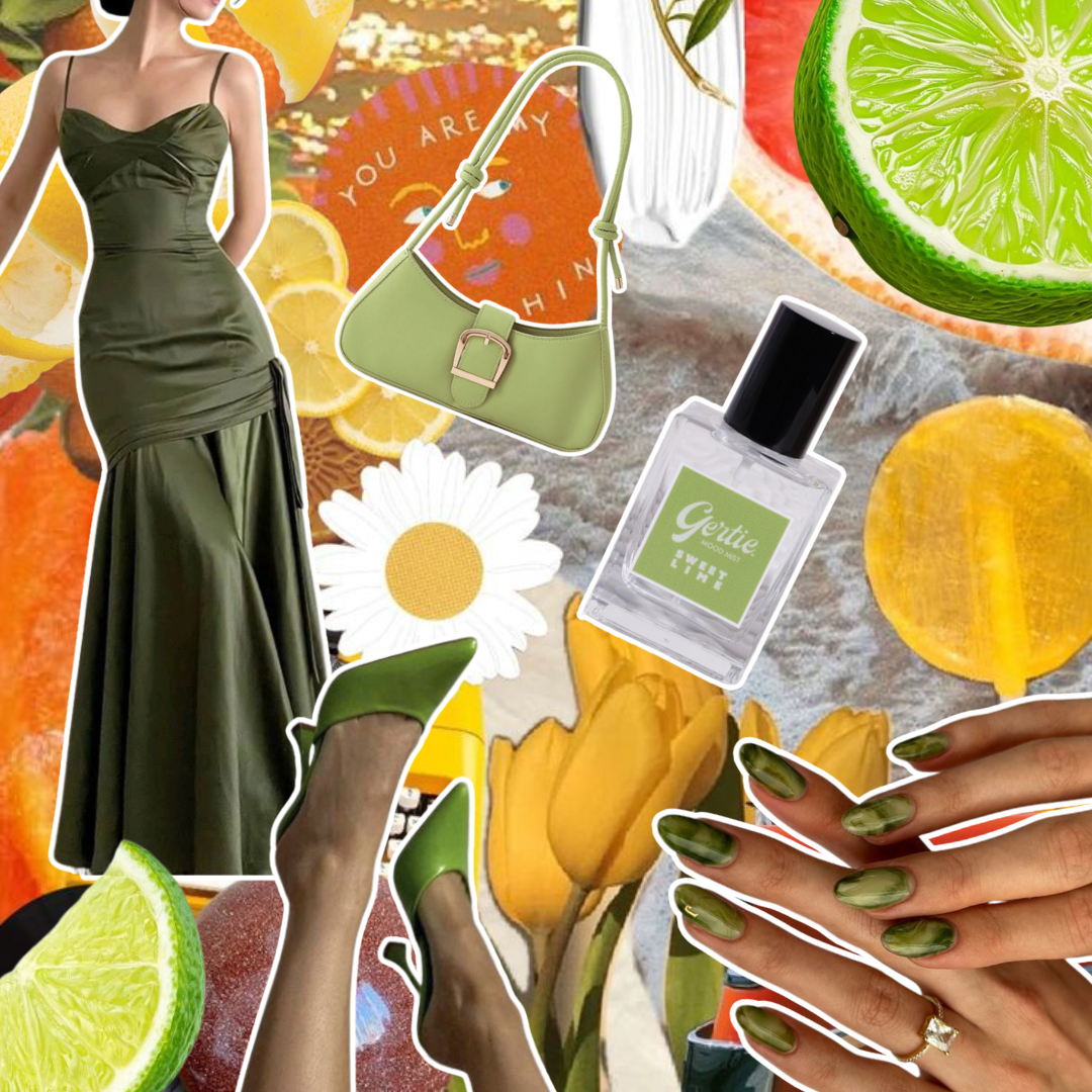 Gertie Mood Board Sweet Lime Collage of fashion items including shoes, phone case, handbag, and nail polish on a green background.