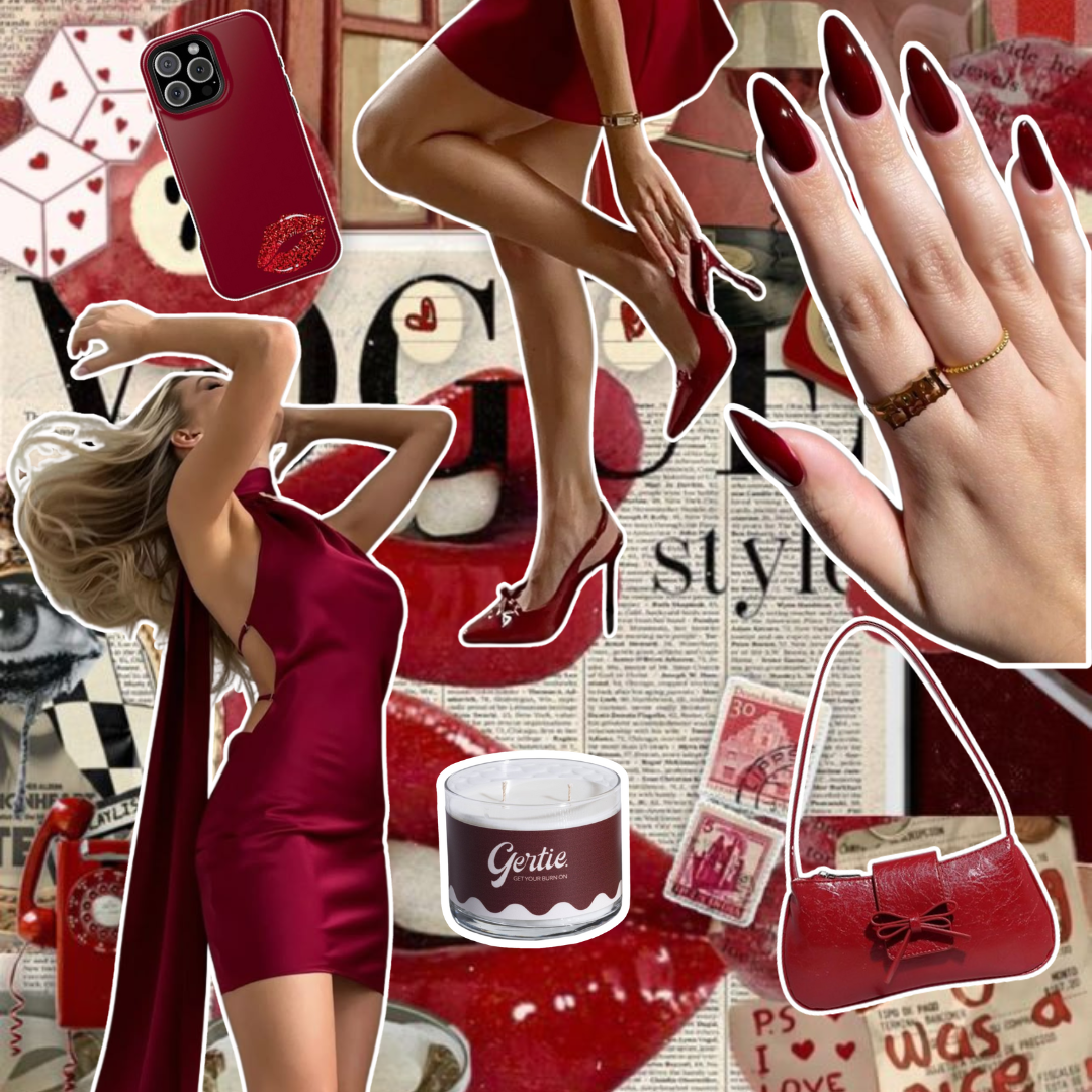 Gertie Mood Board Velvet Ruby Candle Collage of fashion items including shoes, phone case, handbag, and nail polish on a red background.