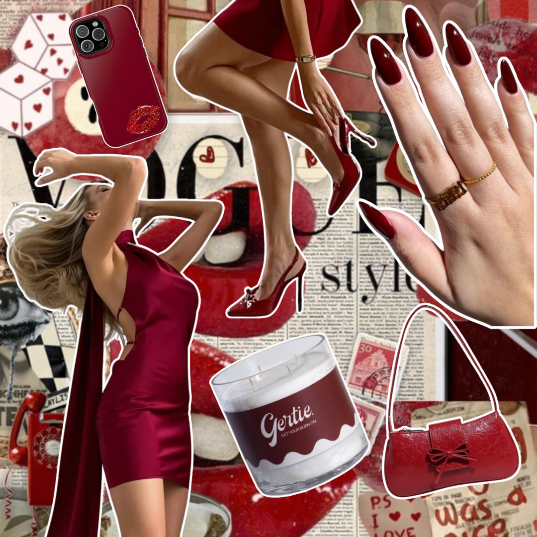 Gertie Mood Board Velvet Ruby Candle Collage of fashion items including shoes, phone case, handbag, and nail polish on a red background.