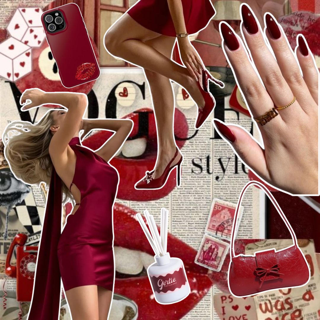Gertie Mood Board VelvetRuby Diffusers Collage of fashion items including shoes, phone case, handbag, and nail polish on a red background.