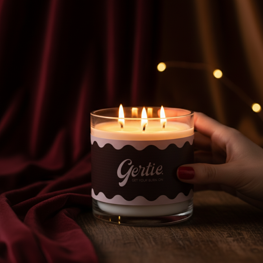 Hand holding a lit candle with 'Gertie' branding against a warm, blurred background