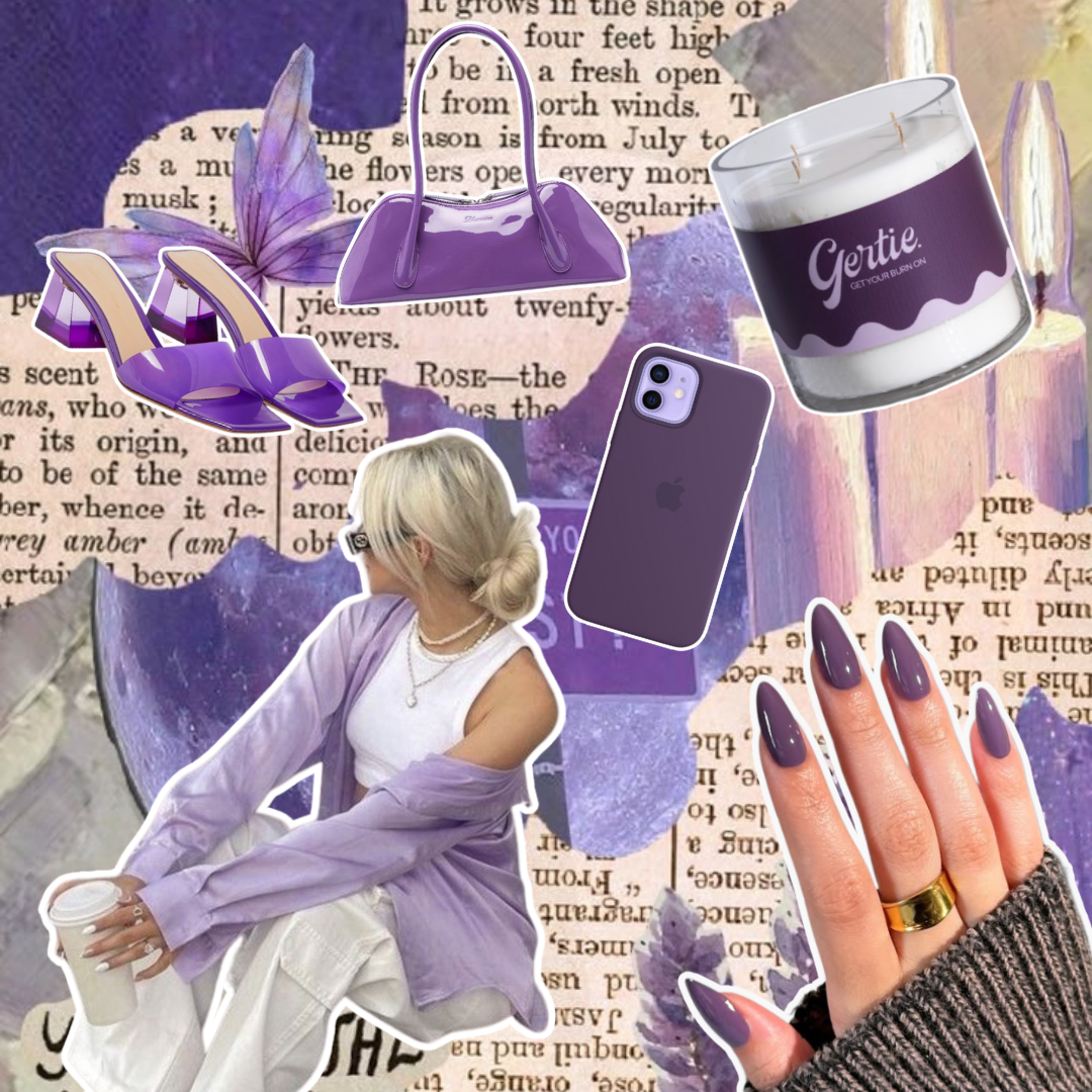Gertie Mood Board Violet Muse Candle Collage of fashion items including shoes, phone case, handbag, and nail polish on a Violet background.