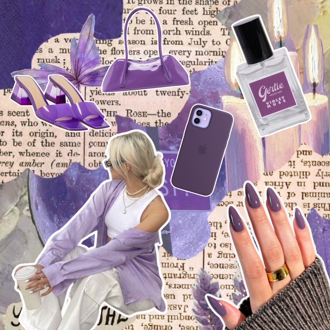 Gertie Mood Board Violet Muse Collage of fashion items including shoes, phone case, handbag, and nail polish on a violet background.