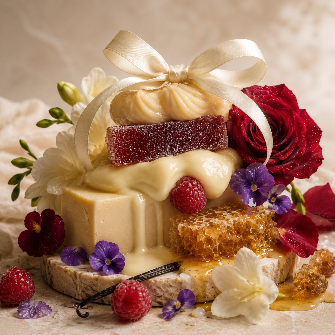 Gertie Candles dessert-inspired soy candle with creamy wax, honeycomb, raspberries, vanilla bean and fresh flowers.