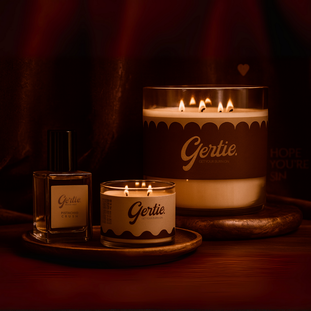 Gertie Candles and mood mist in a dim room 