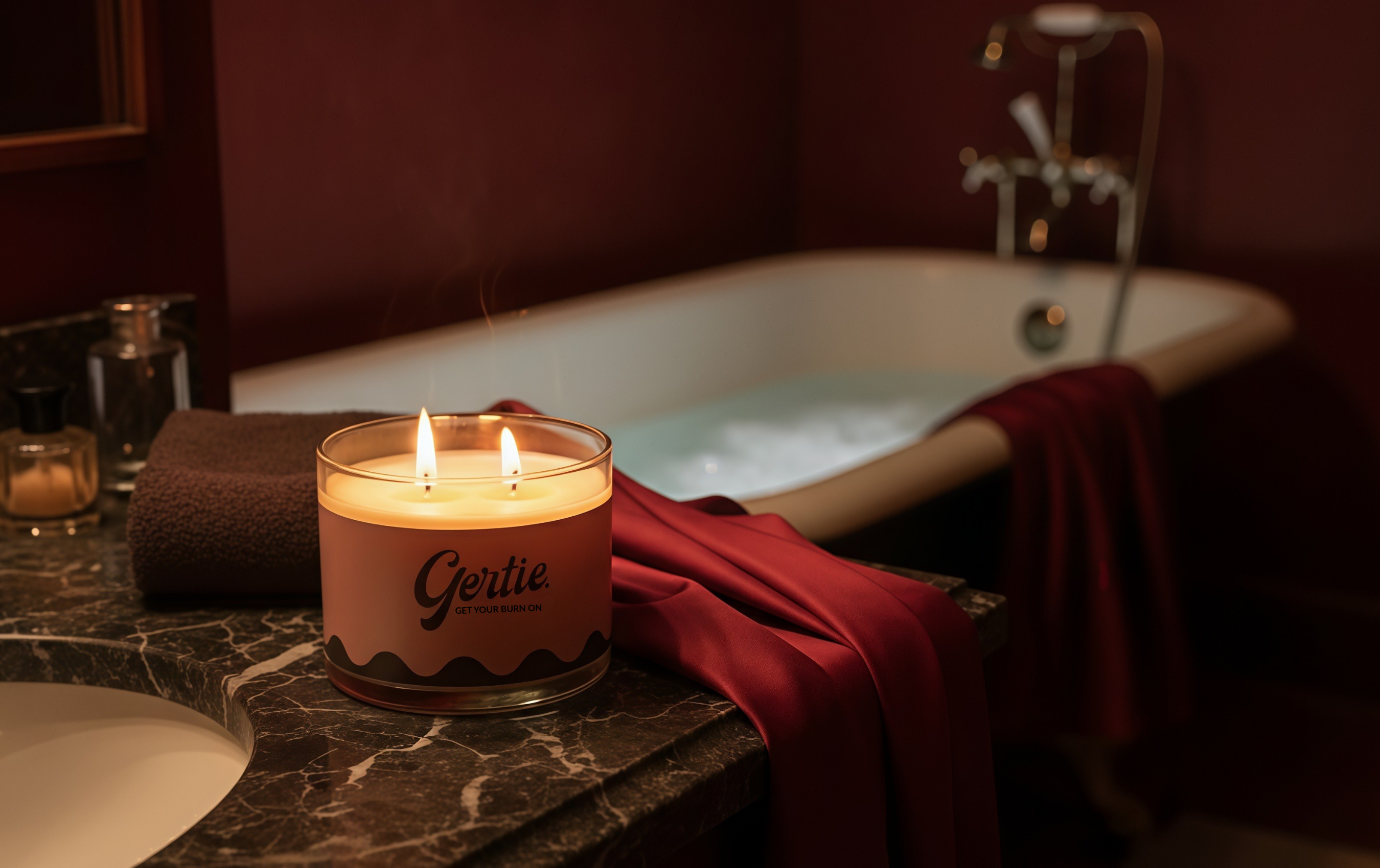 Gertie Candle in a bathroom with a bath tub and red silk dress on the side