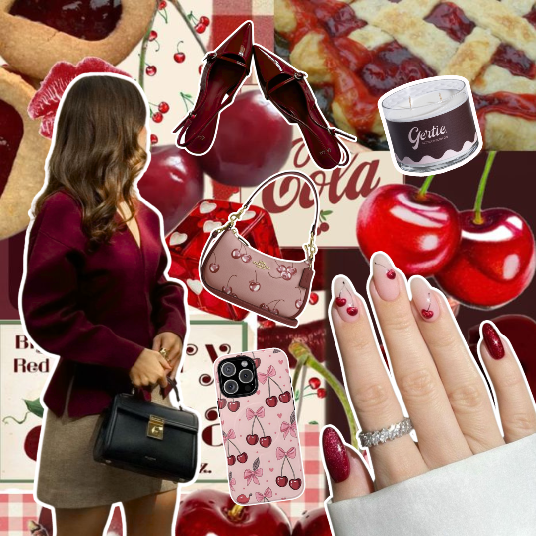 Gertie Mood Board Cherry Vanilla  Candle Collage of fashion items including shoes, phone case, handbag, and nail polish on a red background.
