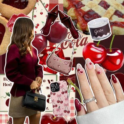 Gertie Mood Board Cherry Vanilla  Candle Collage of fashion items including shoes, phone case, handbag, and nail polish on a red background.
