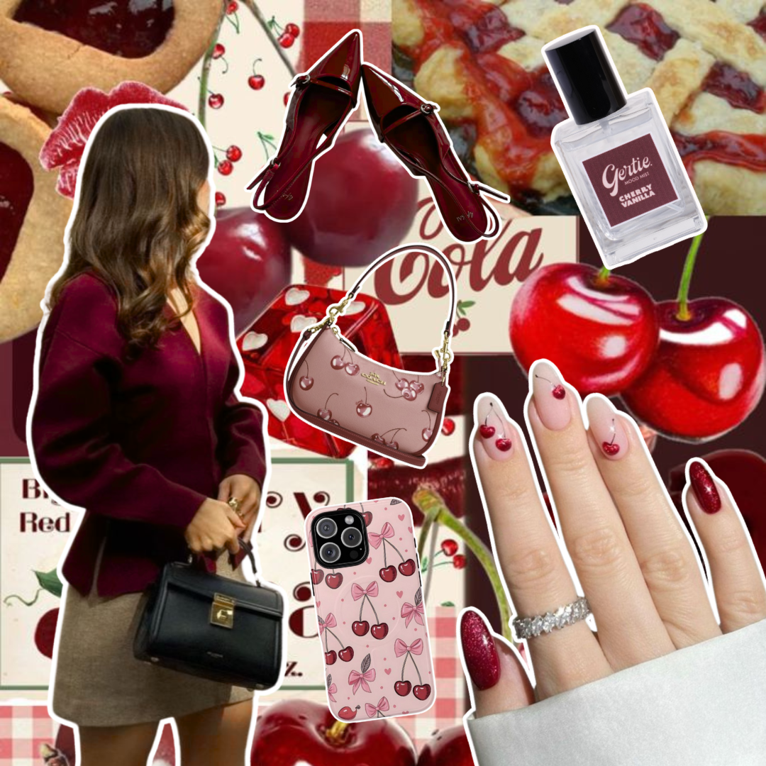 Gertie Mood Board Cherry Vanilla Collage of fashion items including shoes, phone case, handbag, and nail polish on a cherry background.
