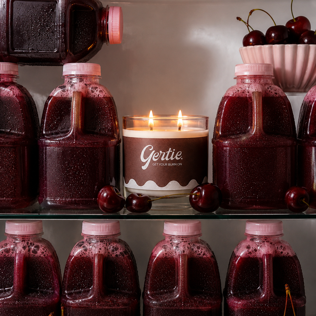 Cherry Vanilla 450g, Gertie hand-poured soy candle styled in the fridge